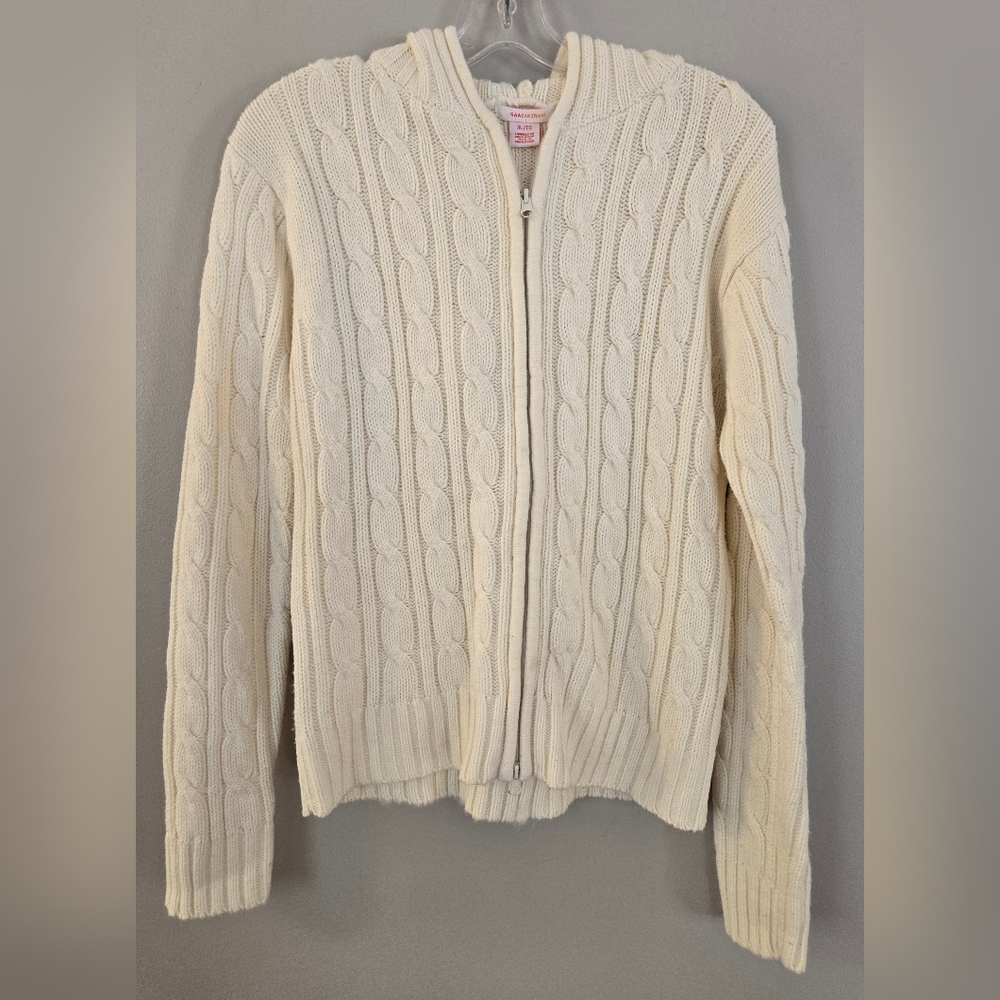 Isaac Mizrahi Regular Cable Zip Up Front Cardigan With Hood, Off White, Size XL